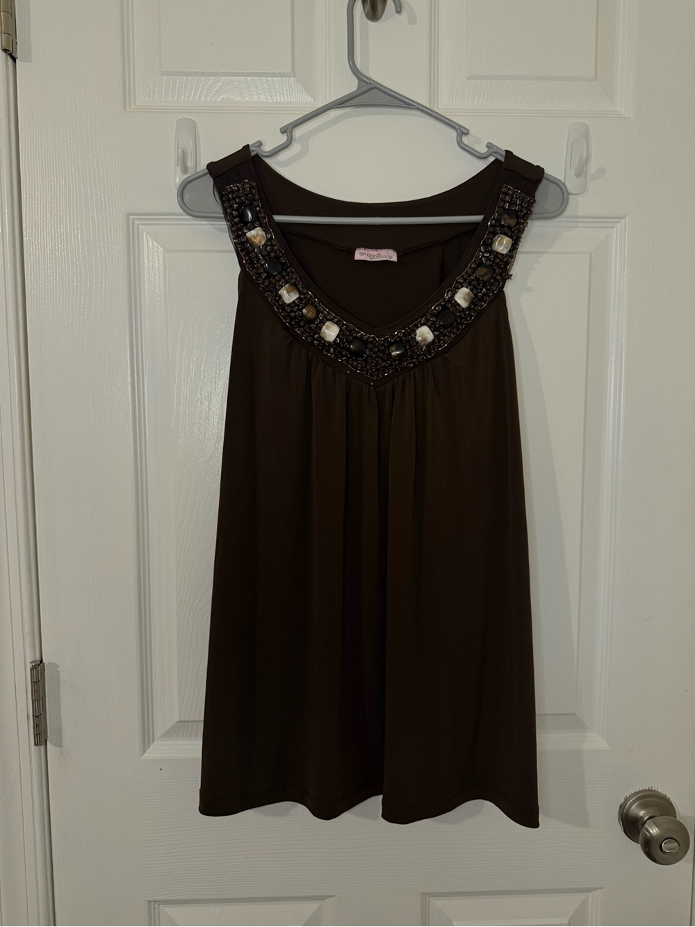 Embellished Scoop Neck Brown Sleeveless Blouse
